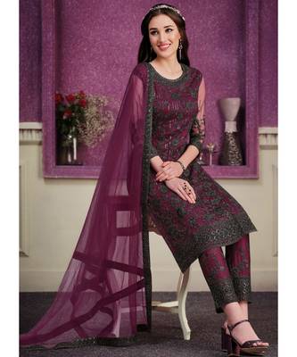 Wine Net Party Wear Salwar Kameez 2
