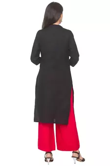 Black plain cotton long-kurtis