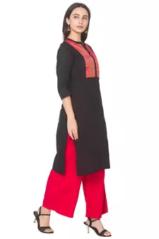 Black plain cotton long-kurtis
