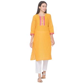 Yellow woven cotton long-kurtis 1
