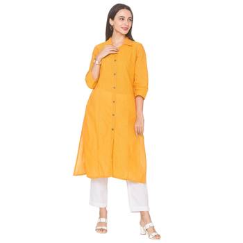 Yellow woven cotton long-kurtis 1