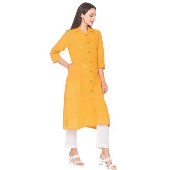 Yellow woven cotton long-kurtis 4