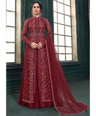 Maroon Net Party Wear Salwar Kameez 1