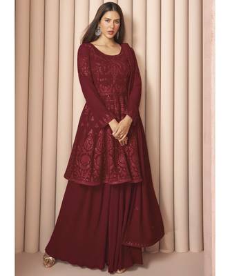 Maroon Georgette Sharara Style Suit 1