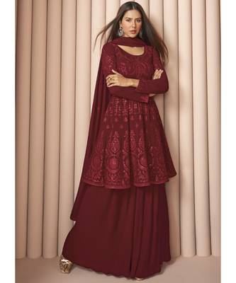 Maroon Georgette Sharara Style Suit 2