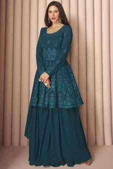  Sonam Bajwa Dark Teal Georgette Sharara Style Suit
