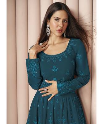  Sonam Bajwa Dark Teal Georgette Sharara Style Suit 2