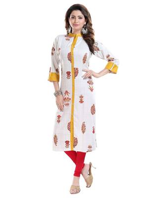 Vibrance Checkered White and Yellow Rayon Cotton Long Kurti for Women 1