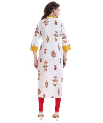 Vibrance Checkered White and Yellow Rayon Cotton Long Kurti for Women 2