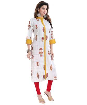 Vibrance Checkered White and Yellow Rayon Cotton Long Kurti for Women 4