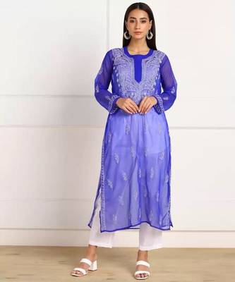 Hand Embroidered Royal Blue Georgette Lucknowi Chikankari Kurti With Inner 1