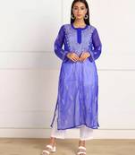 Hand Embroidered Royal Blue Georgette Lucknowi Chikankari Kurti With Inner