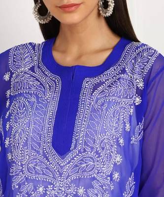 Hand Embroidered Royal Blue Georgette Lucknowi Chikankari Kurti With Inner 2