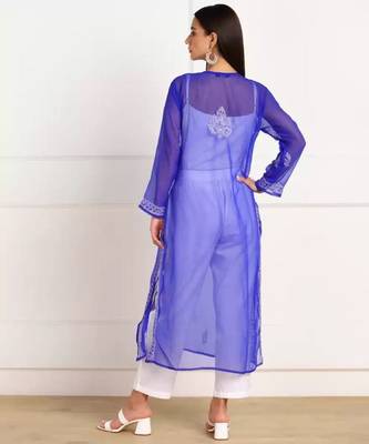 Hand Embroidered Royal Blue Georgette Lucknowi Chikankari Kurti With Inner 3