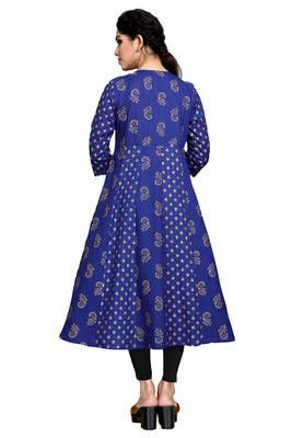 Royal-blue printed viscose rayon long-dresses 2