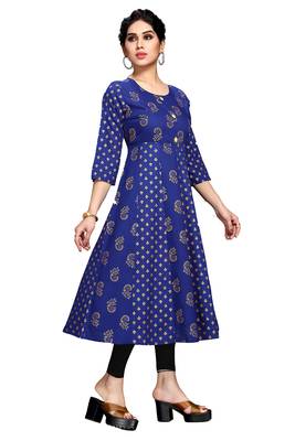 Royal-blue printed viscose rayon long-dresses 3