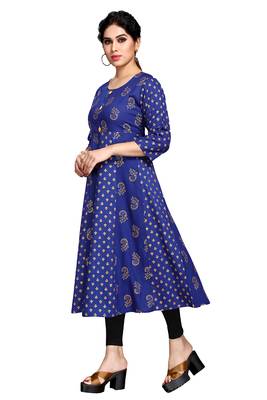 Royal-blue printed viscose rayon long-dresses 4