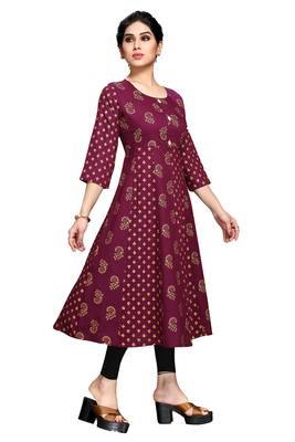 Wine printed viscose rayon long-dresses 3
