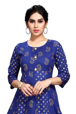 Royal-blue printed viscose rayon long-dresses 5