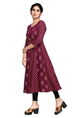 Wine printed viscose rayon long-dresses 4