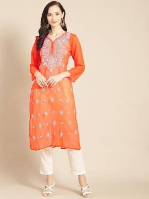 Orange embroidered georgette chikankari-kurtis 1