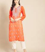 Orange embroidered georgette chikankari-kurtis