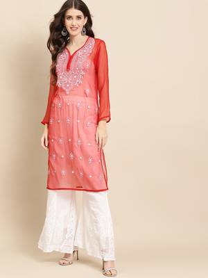 Red embroidered georgette chikankari-kurtis 1