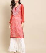 Red embroidered georgette chikankari-kurtis