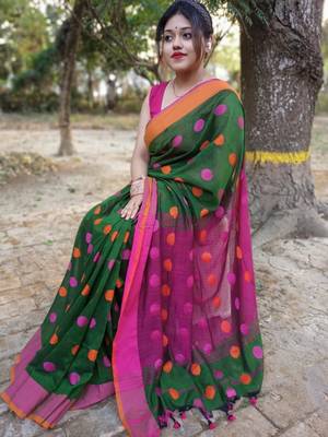 Awesome Ball Buta  Khadi Cotton Handloom Saree with Running Blouse Piece 1
