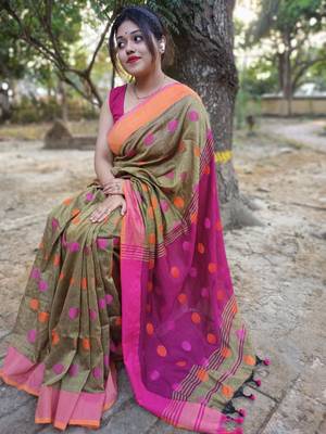Awesome Ball Buta  Khadi Cotton Handloom Saree with Running Blouse Piece 1