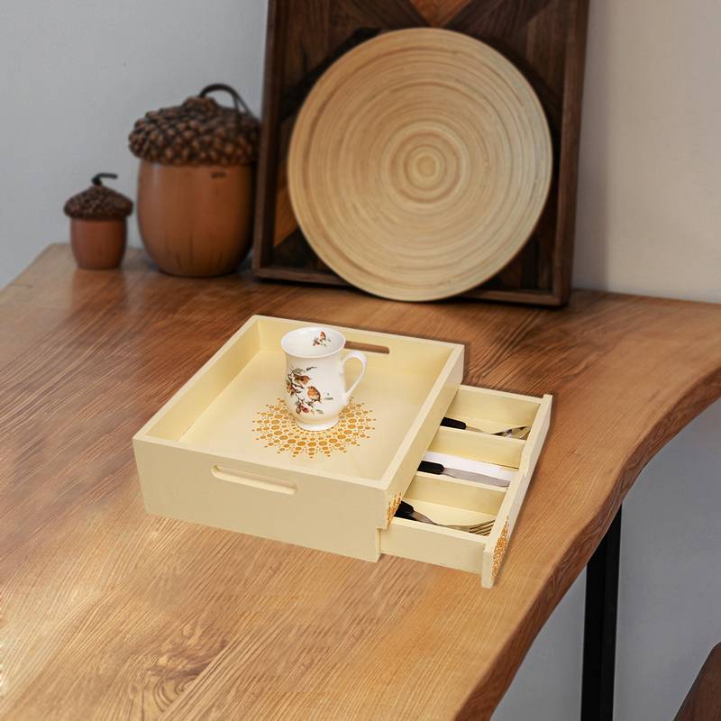 Lalhaveli Makeup Room Kitchen Decorative Wooden Serving Tray (13X11X4.5 Inch)