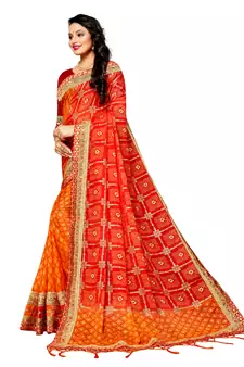 Women's Bandhani Chiffon Saree With Blouse Piece Orange & Maroon