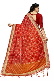 Women's Bandhani Chiffon Saree With Blouse Piece Orange & Maroon