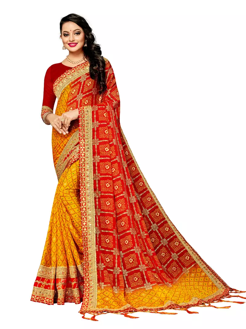 Women's Bandhani Chiffon Saree With Blouse Piece Yellow