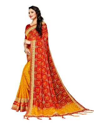 Women's Bandhani Chiffon Saree With Blouse Piece Yellow 2