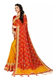 Women's Bandhani Chiffon Saree With Blouse Piece Yellow