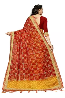 Women's Bandhani Chiffon Saree With Blouse Piece Yellow