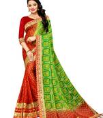 Women's Bandhani Chiffon Saree With Blouse Piece Green & Maroon
