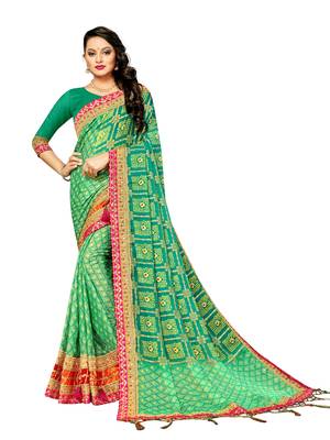 Women's Bandhani Chiffon Saree With Blouse Piece Green 1