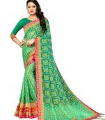 Women's Bandhani Chiffon Saree With Blouse Piece Green