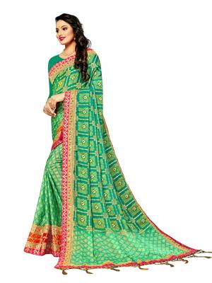 Women's Bandhani Chiffon Saree With Blouse Piece Green 2