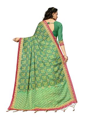 Women's Bandhani Chiffon Saree With Blouse Piece Green 3