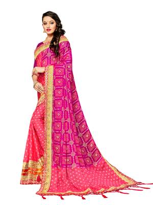 Women's Bandhani Chiffon Saree With Blouse Piece Pink 2