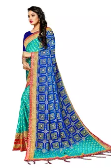 Women's Bandhani Chiffon Saree With Blouse Piece Blue