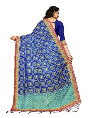 Women's Bandhani Chiffon Saree With Blouse Piece Blue 3