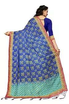 Women's Bandhani Chiffon Saree With Blouse Piece Blue
