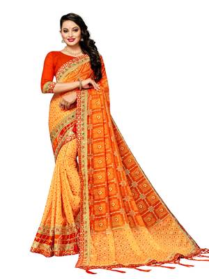Women's Bandhani Chiffon Saree With Blouse Piece Light Yellow 1