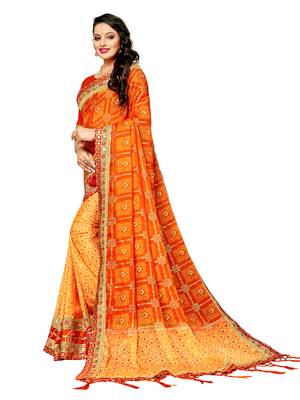 Women's Bandhani Chiffon Saree With Blouse Piece Light Yellow 2