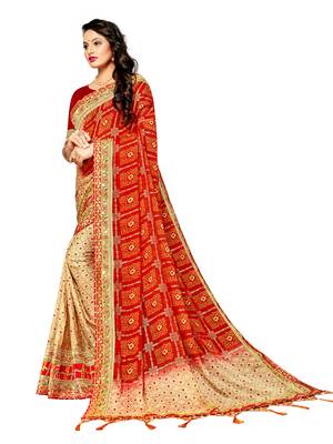 Women's Bandhani Chiffon Saree With Blouse Piece Beige 2