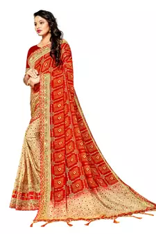 Women's Bandhani Chiffon Saree With Blouse Piece Beige